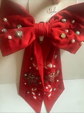 Red Embellished Holiday Bow with Crystals and Pearls